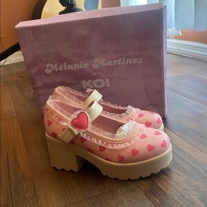 Koi Pink and Tan Platform Shoes with Heart Design